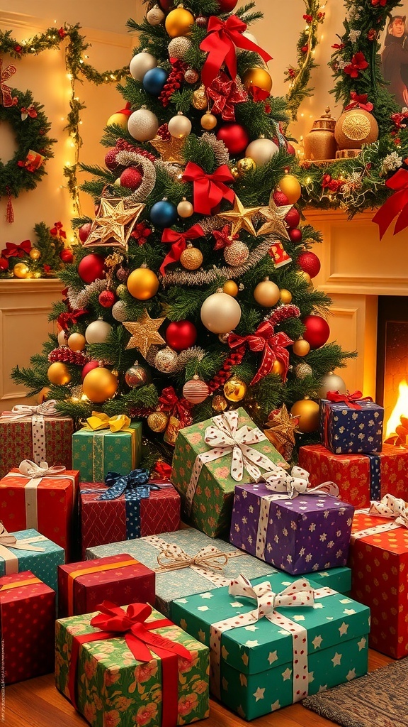 A decorated Christmas tree with gifts underneath, set in a cozy living room.